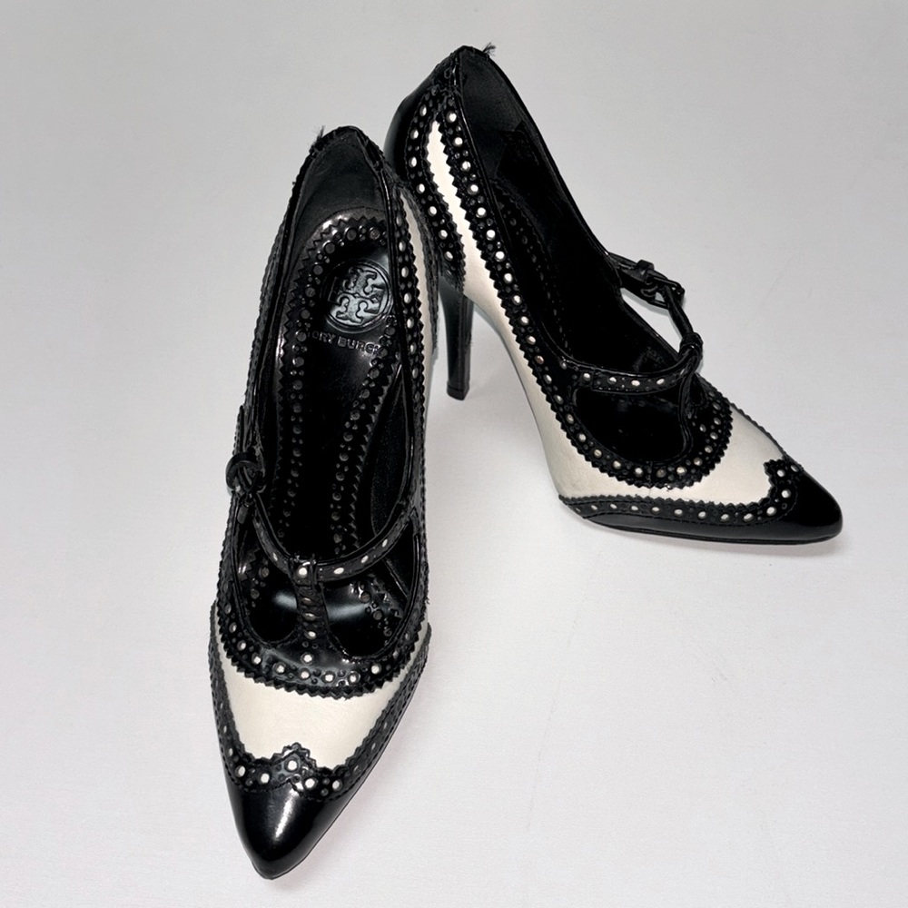 Tory Burch Black and White Pointed-Toe Mary Jane Heels